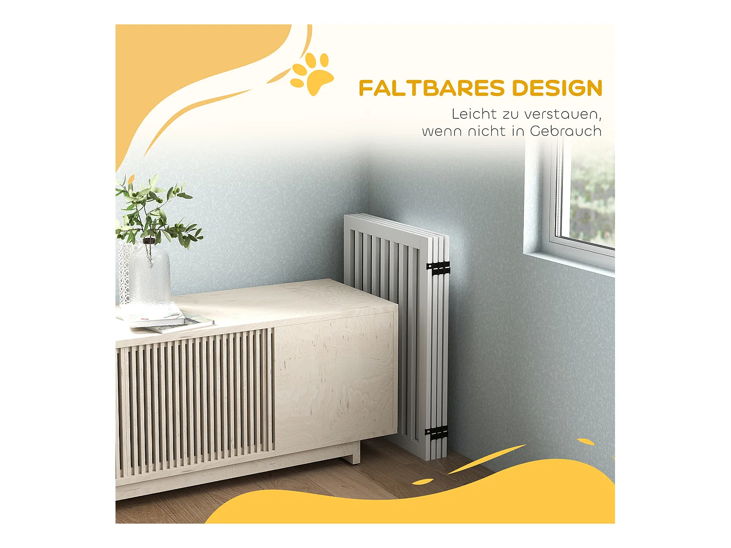 Barrière d'escalier pliable sans perçage, 4 panneaux, MDF, blanc, avec 2 pieds de support (240x1.8x81cm)