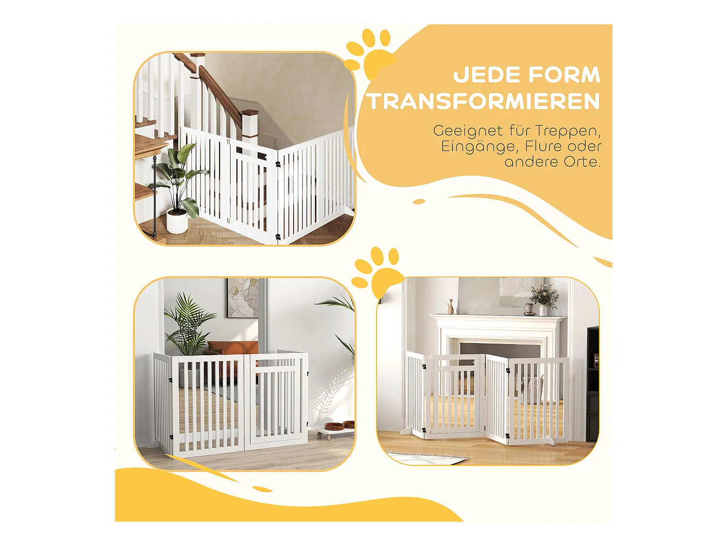 Barrière d'escalier pliable sans perçage, 4 panneaux, MDF, blanc, avec 2 pieds de support (240x1.8x81cm)