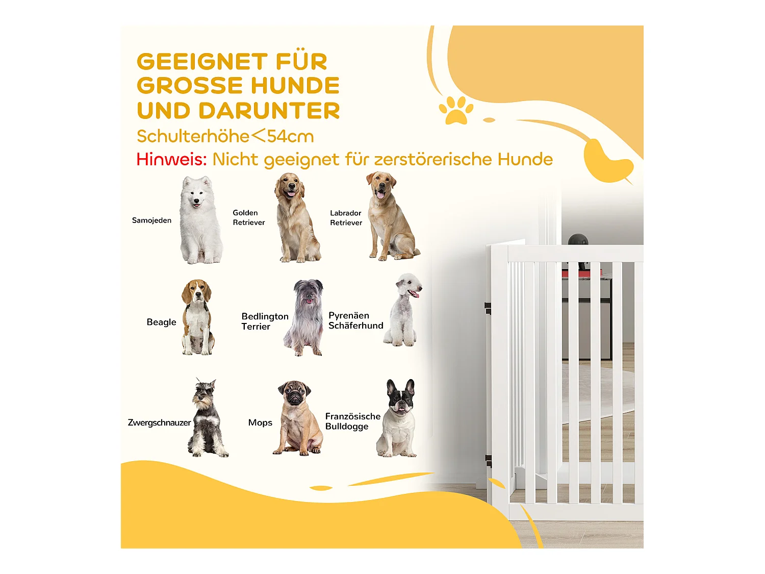 Barrière d'escalier pliable sans perçage, 4 panneaux, MDF, blanc, avec 2 pieds de support (240x1.8x81cm)