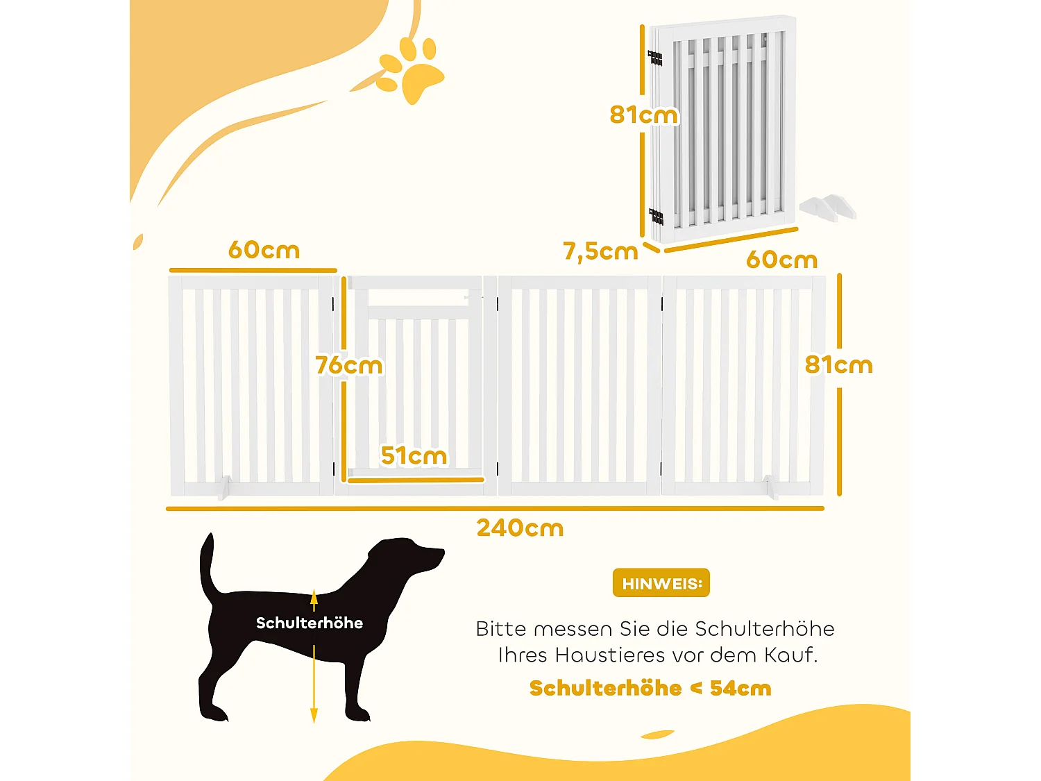 Opvouwbaar traphekje zonder boren, 4 panelen, MDF, wit, met 2 steunpoten (240x1,8x81cm)
