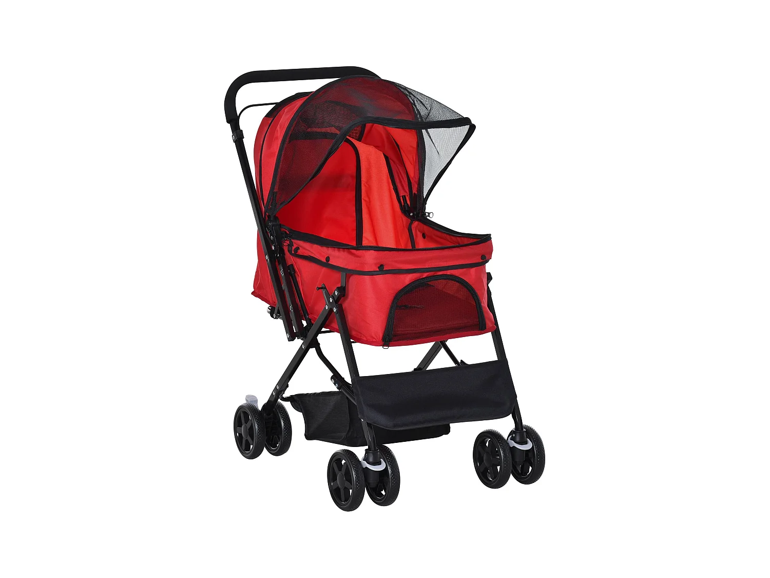 Chariot pour chien et chat, design pliable avec housse en polyester, rouge, 4 roues pivotantes (76.5x52x95cm)