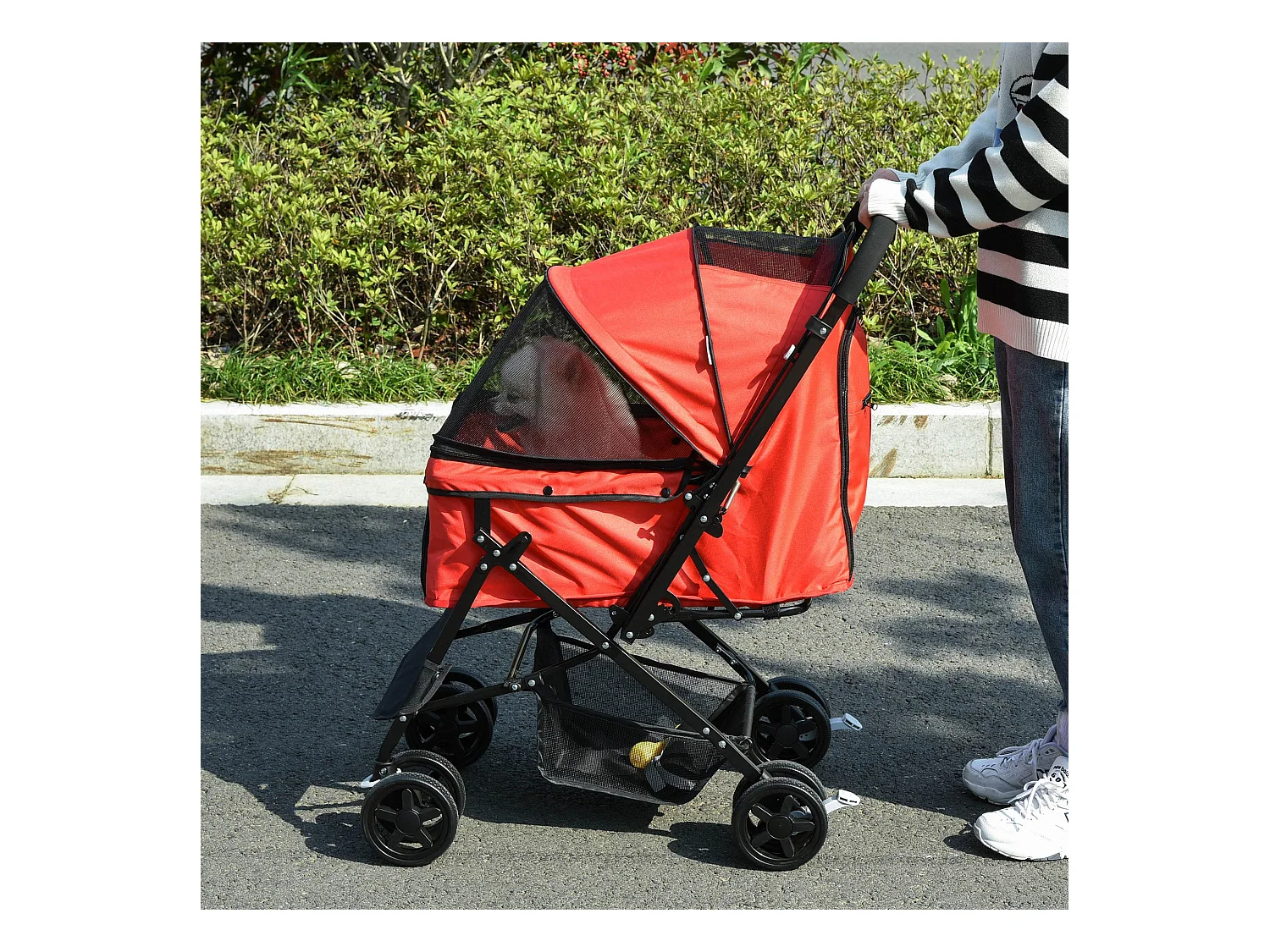 Chariot pour chien et chat, design pliable avec housse en polyester, rouge, 4 roues pivotantes (76.5x52x95cm)