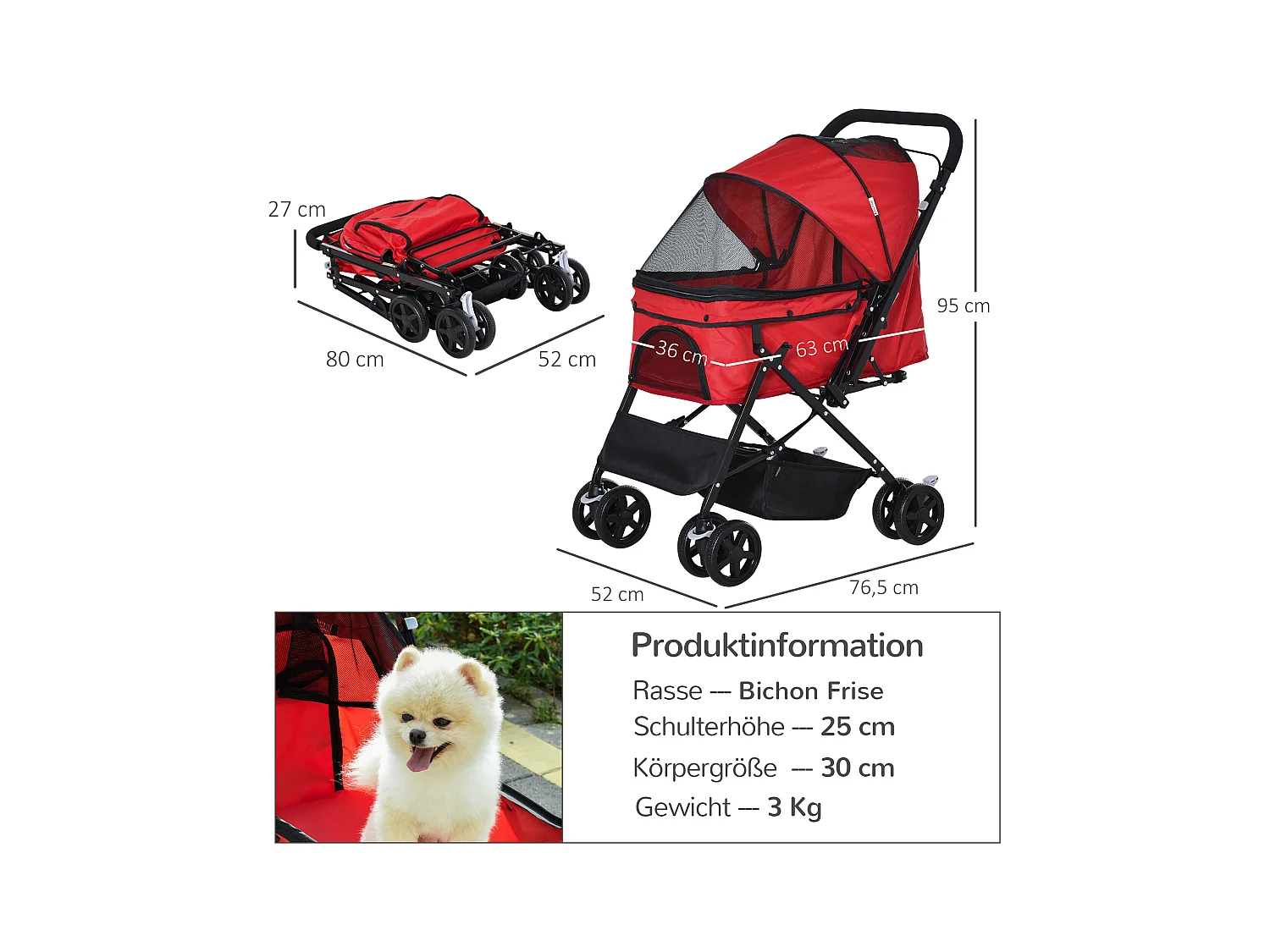 Chariot pour chien et chat, design pliable avec housse en polyester, rouge, 4 roues pivotantes (76.5x52x95cm)
