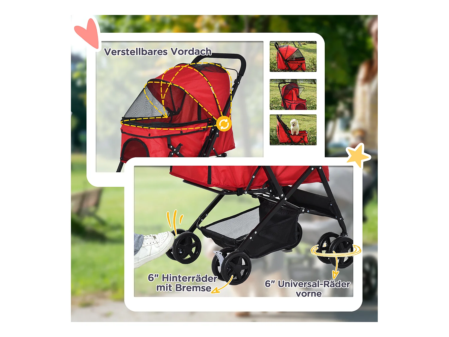 Chariot pour chien et chat, design pliable avec housse en polyester, rouge, 4 roues pivotantes (76.5x52x95cm)