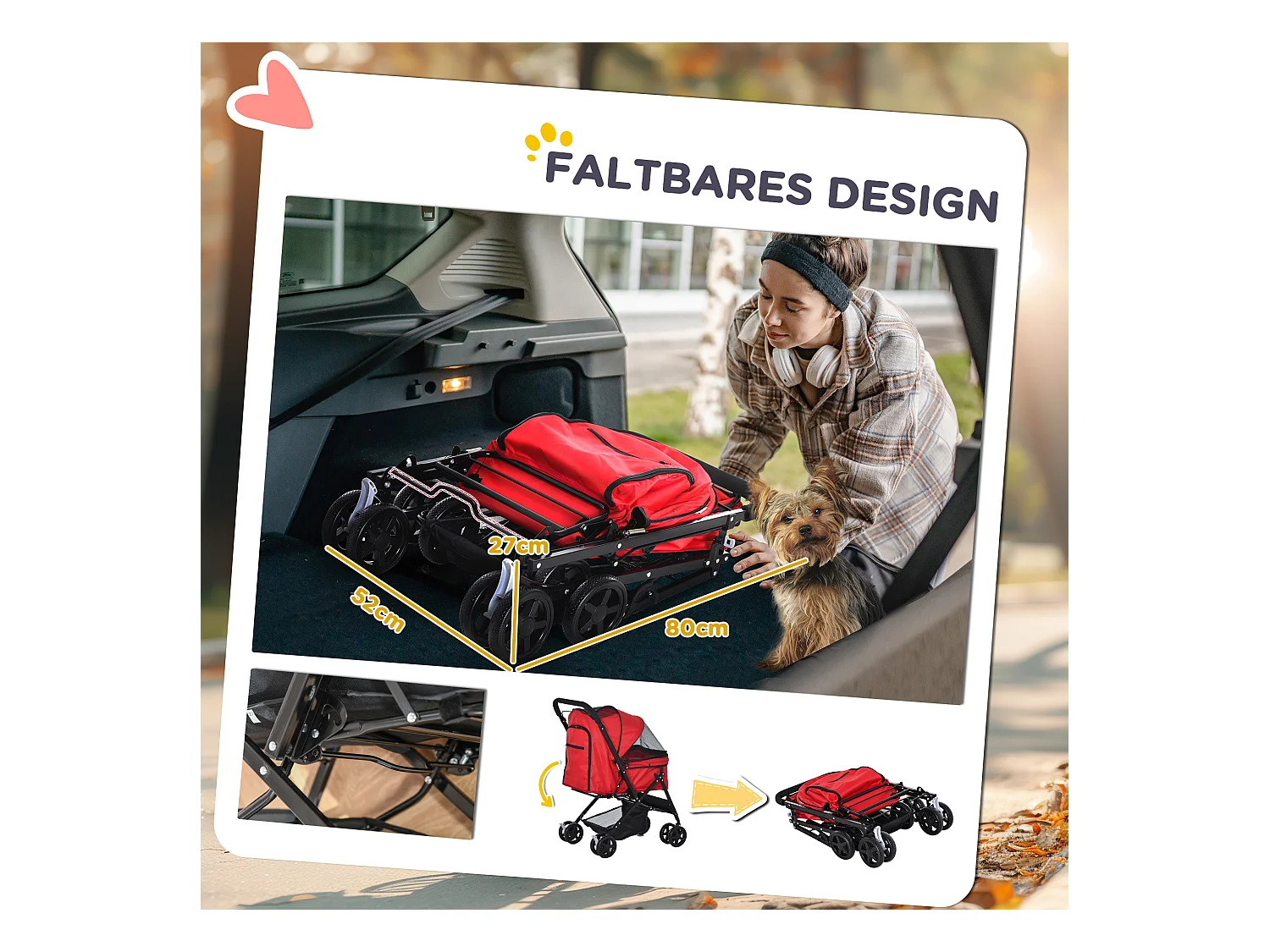 Chariot pour chien et chat, design pliable avec housse en polyester, rouge, 4 roues pivotantes (76.5x52x95cm)