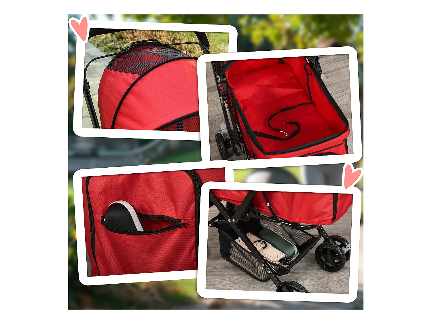 Chariot pour chien et chat, design pliable avec housse en polyester, rouge, 4 roues pivotantes (76.5x52x95cm)