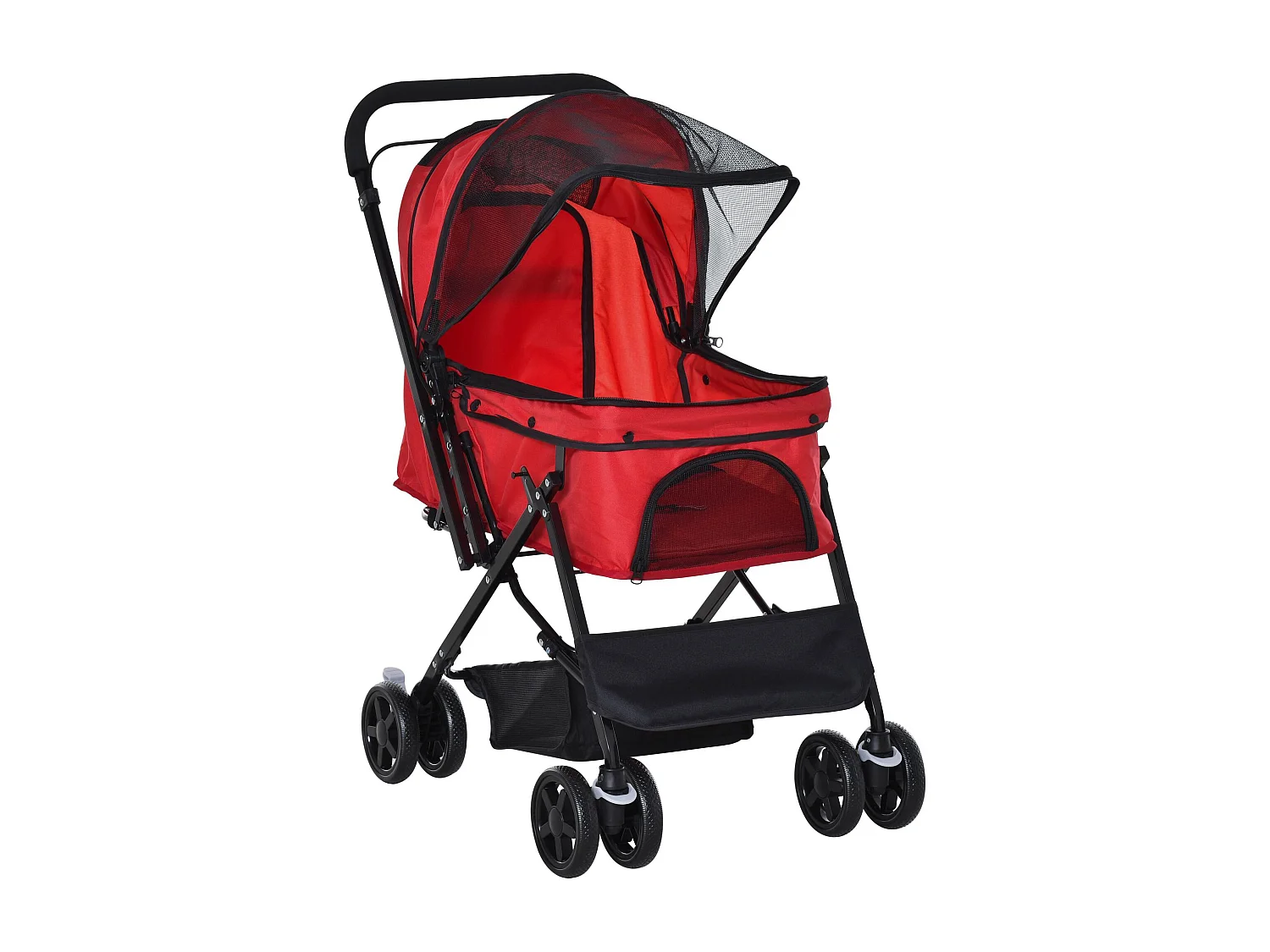 Chariot pour chien et chat, design pliable avec housse en polyester, rouge, 4 roues pivotantes (76.5x52x95cm)