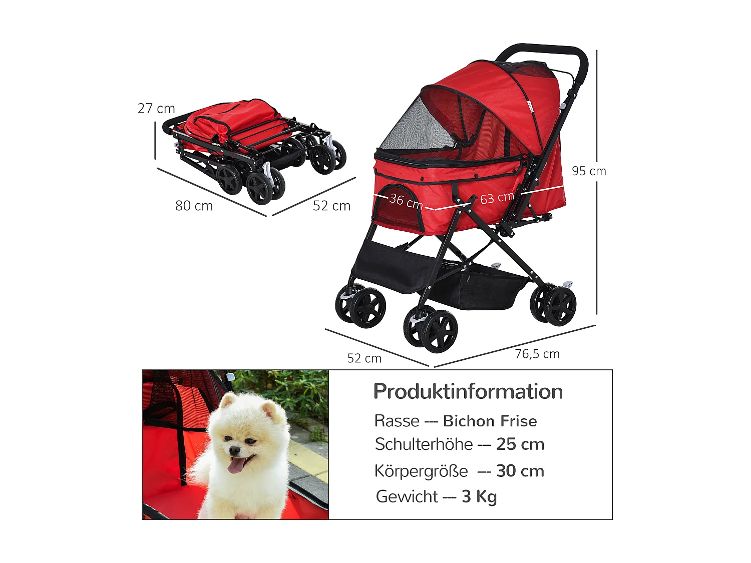 Chariot pour chien et chat, design pliable avec housse en polyester, rouge, 4 roues pivotantes (76.5x52x95cm)