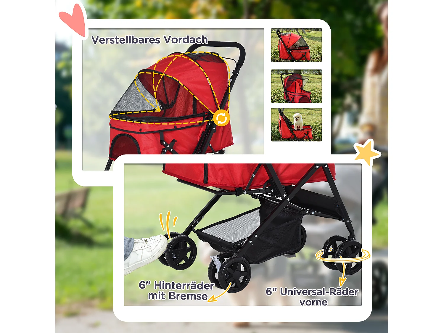 Chariot pour chien et chat, design pliable avec housse en polyester, rouge, 4 roues pivotantes (76.5x52x95cm)