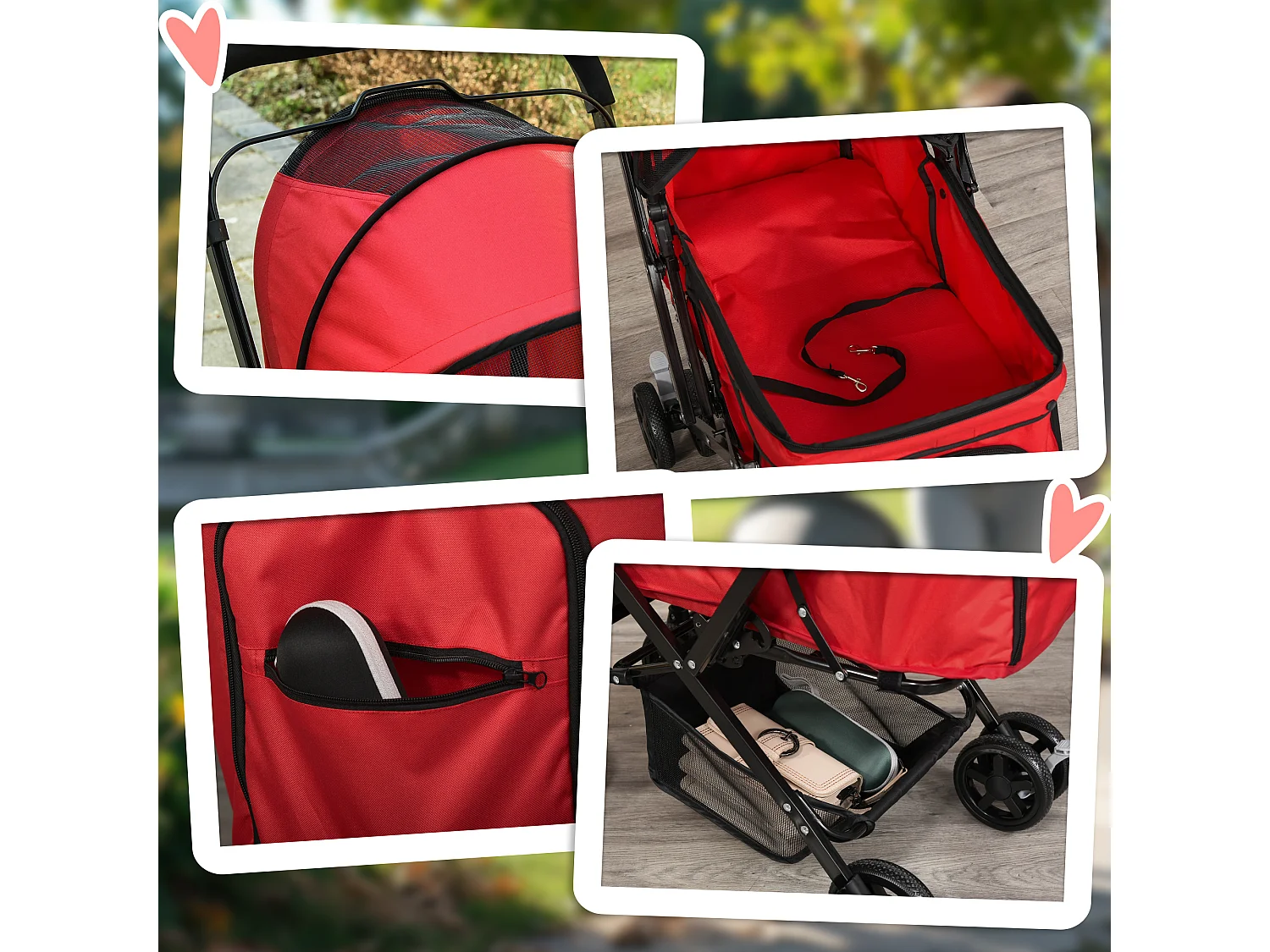 Chariot pour chien et chat, design pliable avec housse en polyester, rouge, 4 roues pivotantes (76.5x52x95cm)