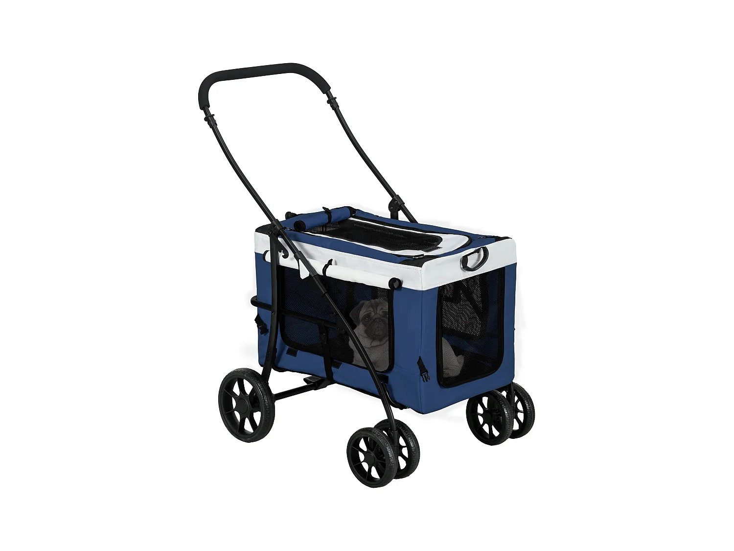 Poussette 2 en 1 pour chien, panier amovible, polyester, bleu, avec 2 laisses de sécurité et pliable (81x58x97.5cm)