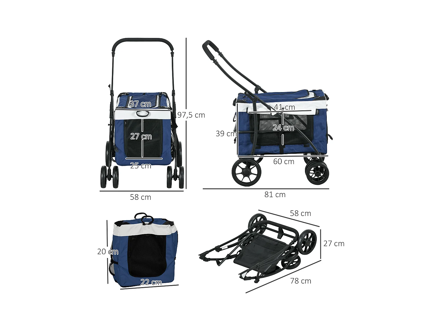 Poussette 2 en 1 pour chien, panier amovible, polyester, bleu, avec 2 laisses de sécurité et pliable (81x58x97.5cm)