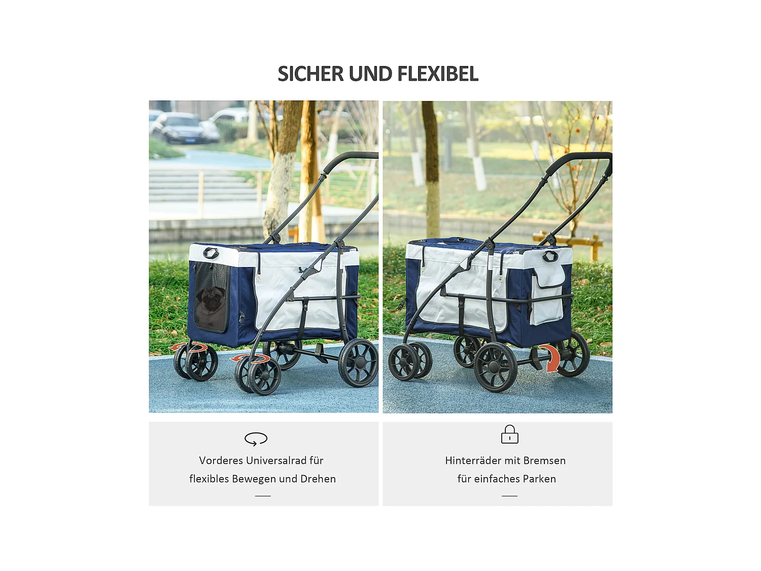 Poussette 2 en 1 pour chien, panier amovible, polyester, bleu, avec 2 laisses de sécurité et pliable (81x58x97.5cm)