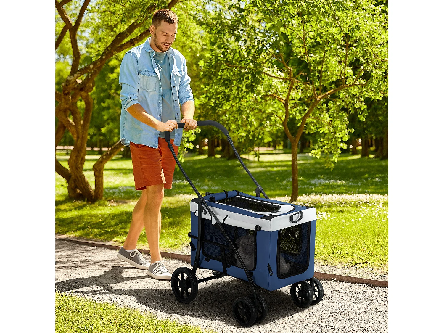 Poussette 2 en 1 pour chien, panier amovible, polyester, bleu, avec 2 laisses de sécurité et pliable (81x58x97.5cm)