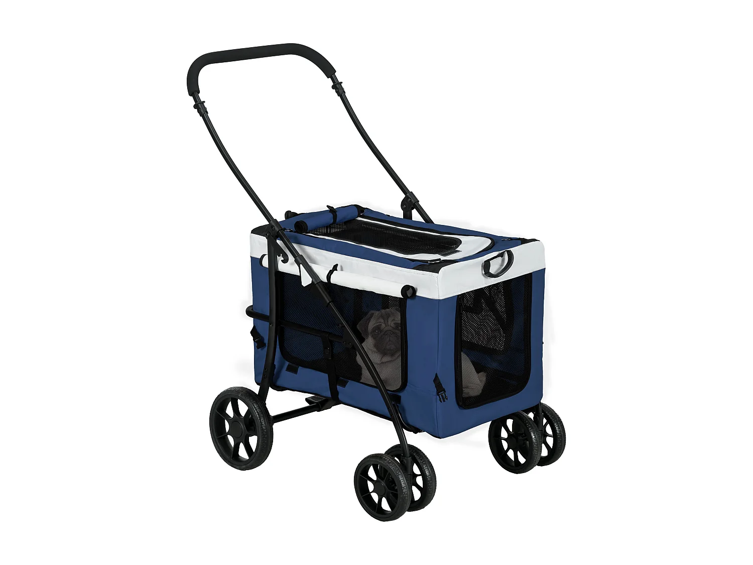 Poussette 2 en 1 pour chien, panier amovible, polyester, bleu, avec 2 laisses de sécurité et pliable (81x58x97.5cm)