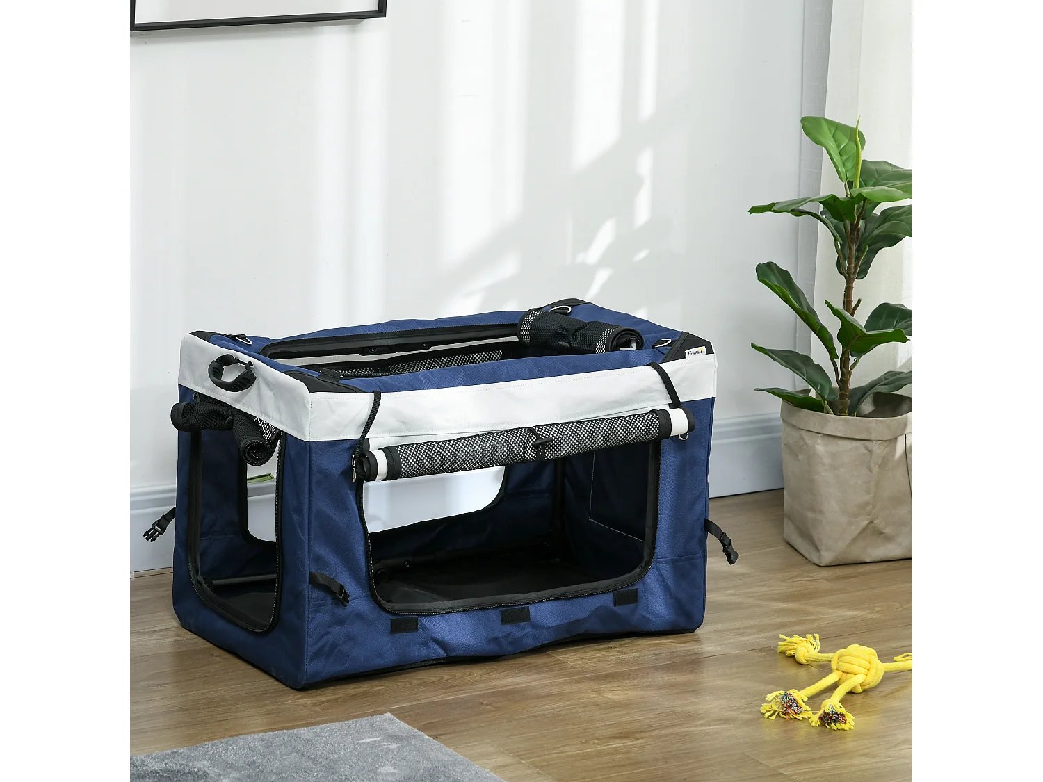 Poussette 2 en 1 pour chien, panier amovible, polyester, bleu, avec 2 laisses de sécurité et pliable (81x58x97.5cm)