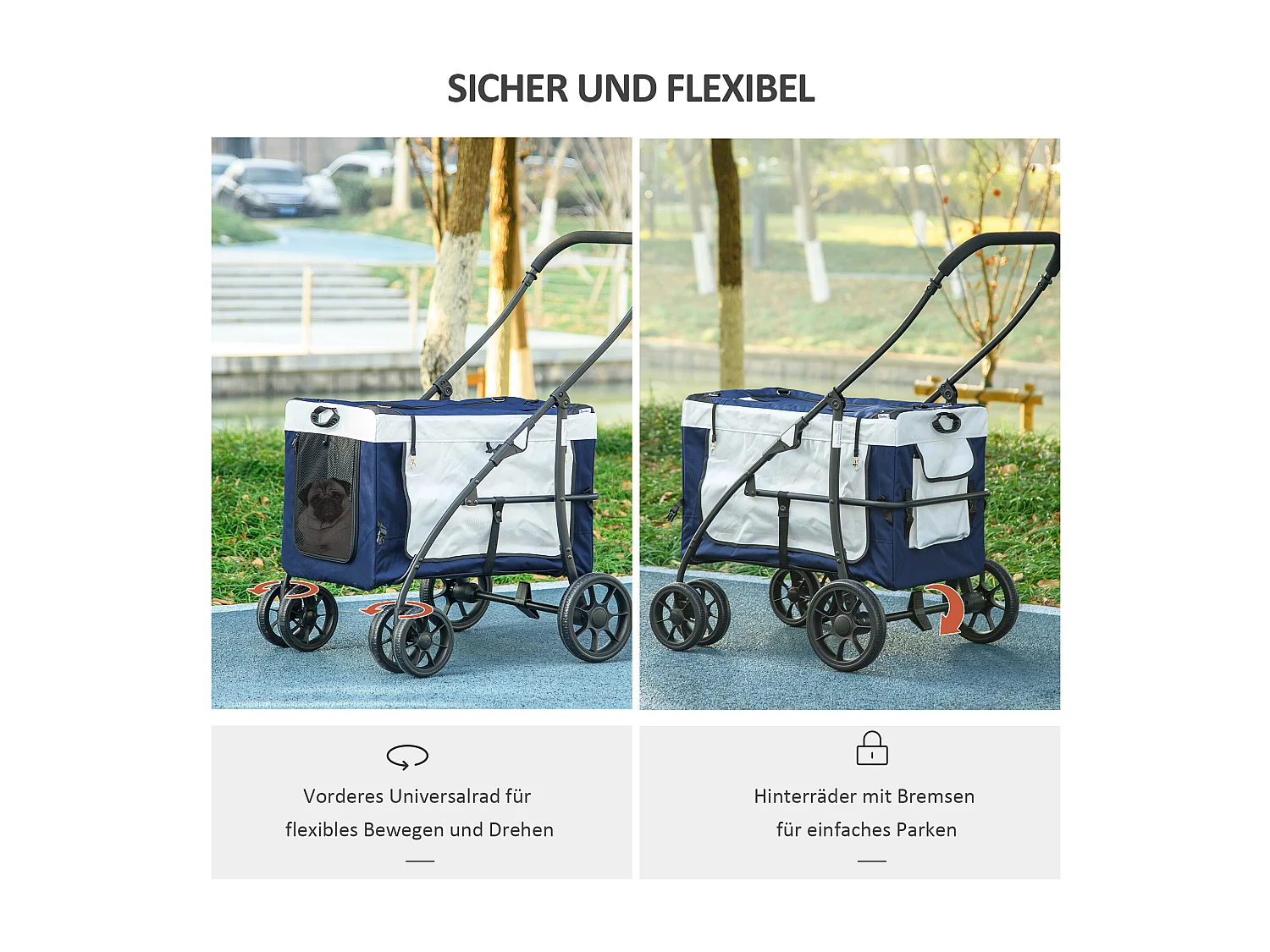 Poussette 2 en 1 pour chien, panier amovible, polyester, bleu, avec 2 laisses de sécurité et pliable (81x58x97.5cm)