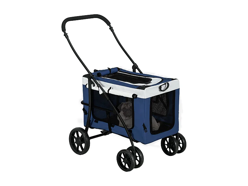 Poussette 2 en 1 pour chien, panier amovible, polyester, bleu, avec 2 laisses de sécurité et pliable (81x58x97.5cm)