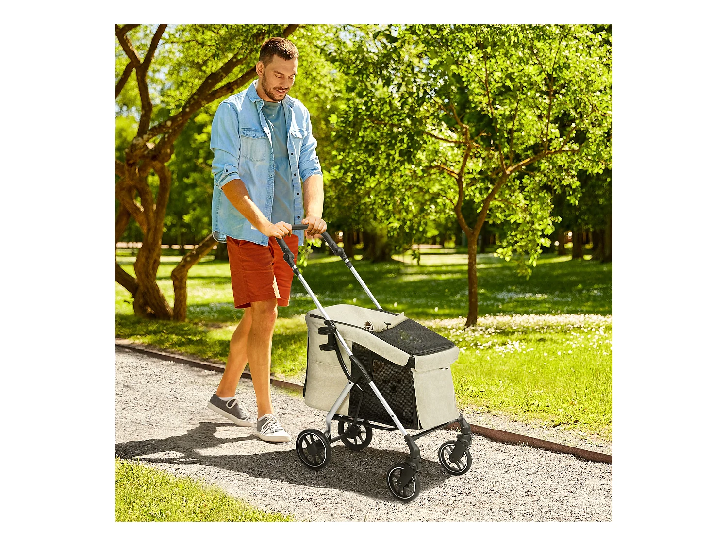 Chariot pliable pour chien et chat en aluminium, léger et résistant, polyester, kaki (80x48.5x106cm)