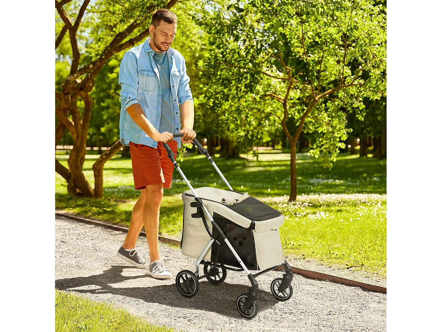 Chariot pliable pour chien et chat en aluminium, léger et résistant, polyester, kaki (80x48.5x106cm)