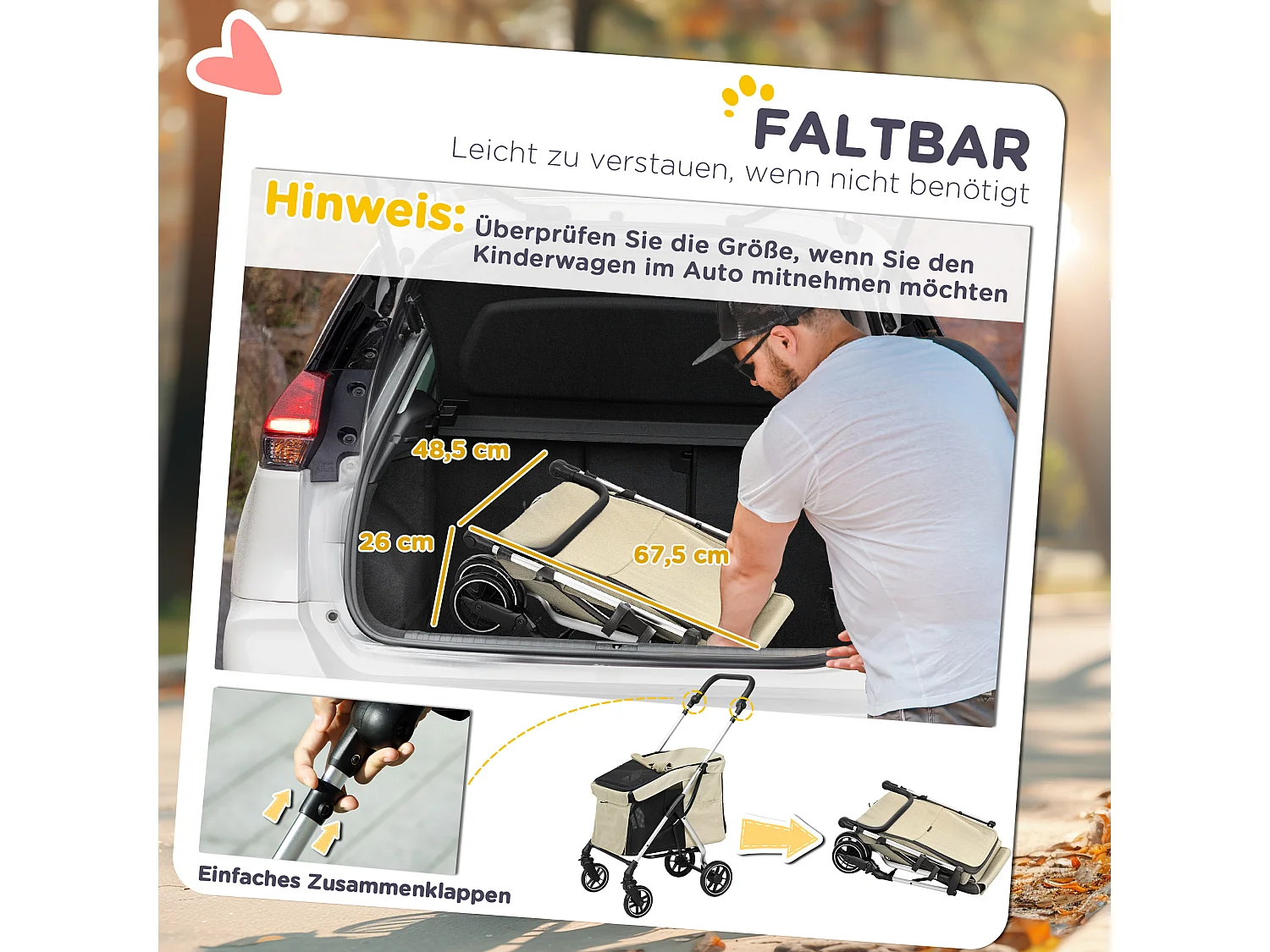 Chariot pliable pour chien et chat en aluminium, léger et résistant, polyester, kaki (80x48.5x106cm)