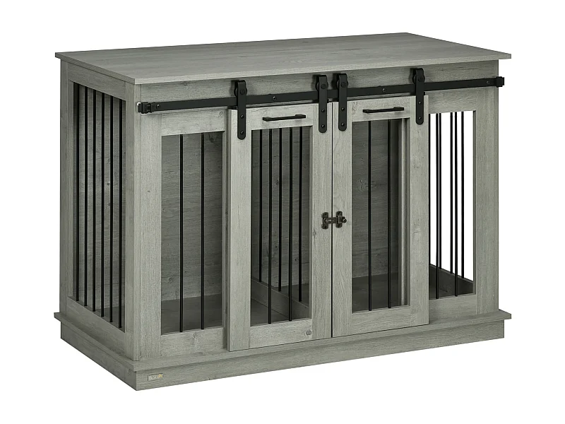 Cage pour chien à double compartiment, design rustique, bois, gris, avec portes en métal (120x60x88.5cm)