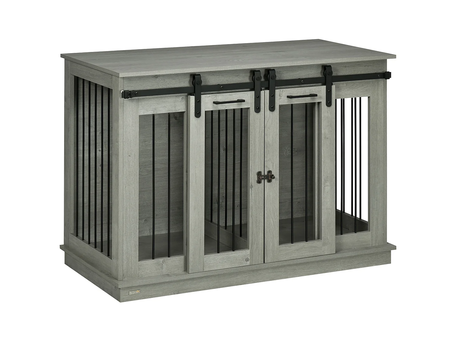 Cage pour chien à double compartiment, design rustique, bois, gris, avec portes en métal (120x60x88.5cm)