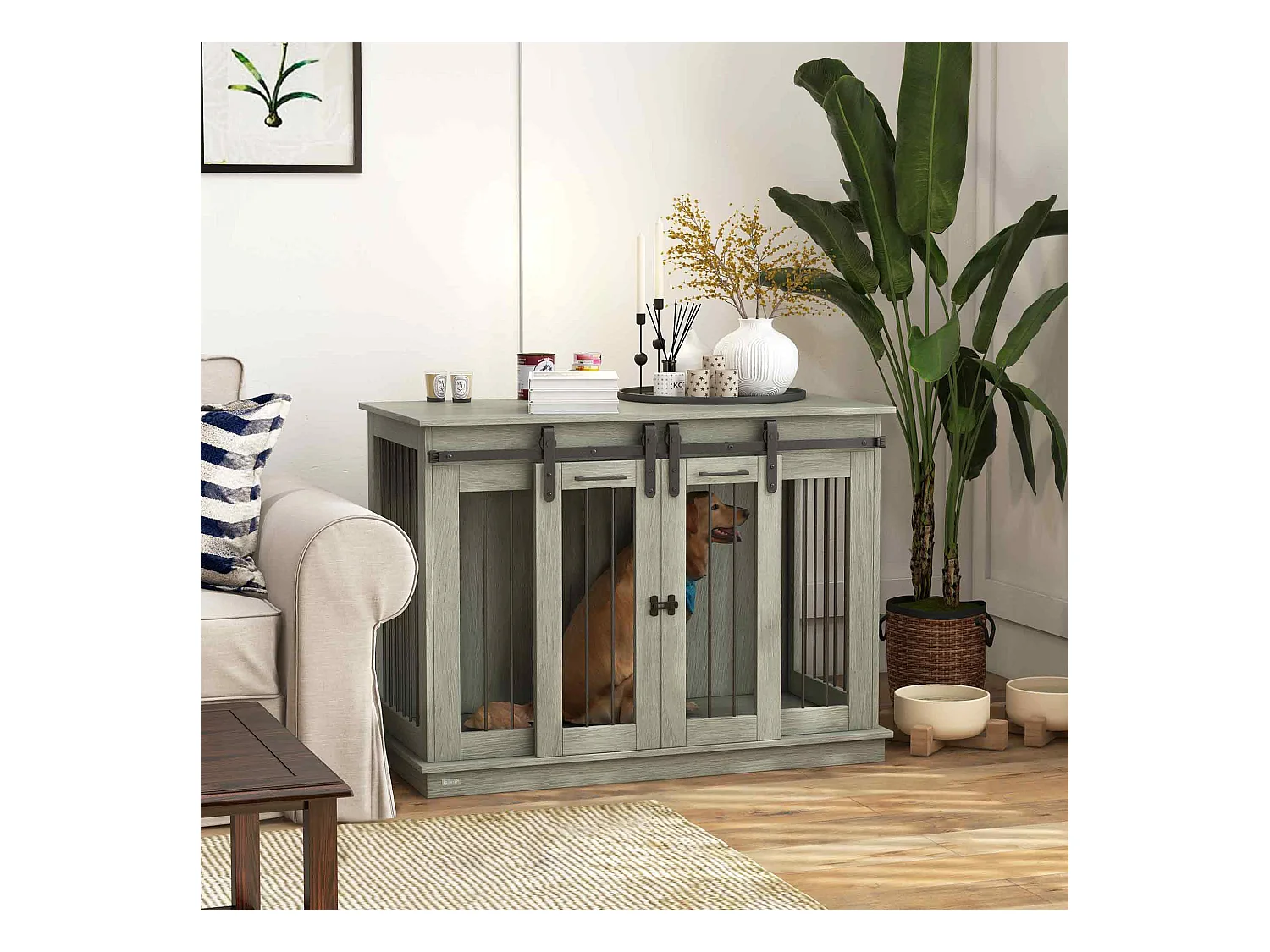 Cage pour chien à double compartiment, design rustique, bois, gris, avec portes en métal (120x60x88.5cm)