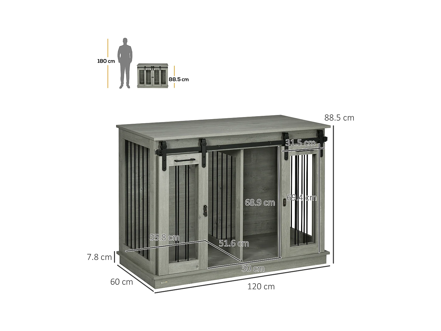 Cage pour chien à double compartiment, design rustique, bois, gris, avec portes en métal (120x60x88.5cm)