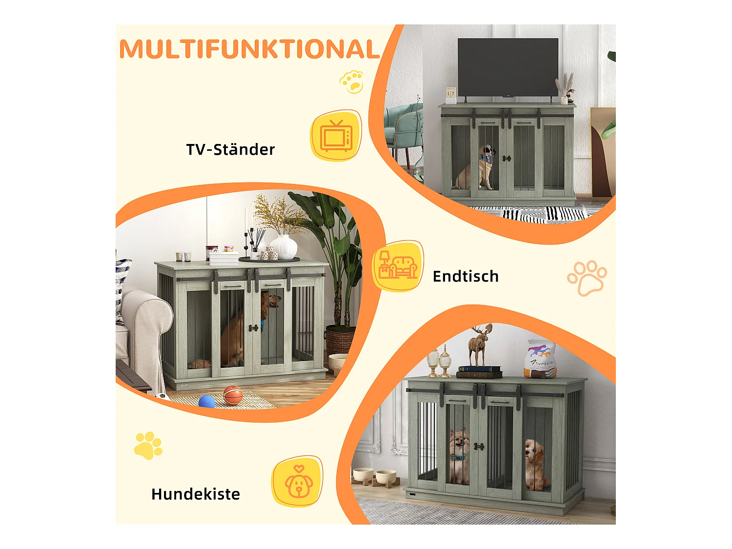 Cage pour chien à double compartiment, design rustique, bois, gris, avec portes en métal (120x60x88.5cm)