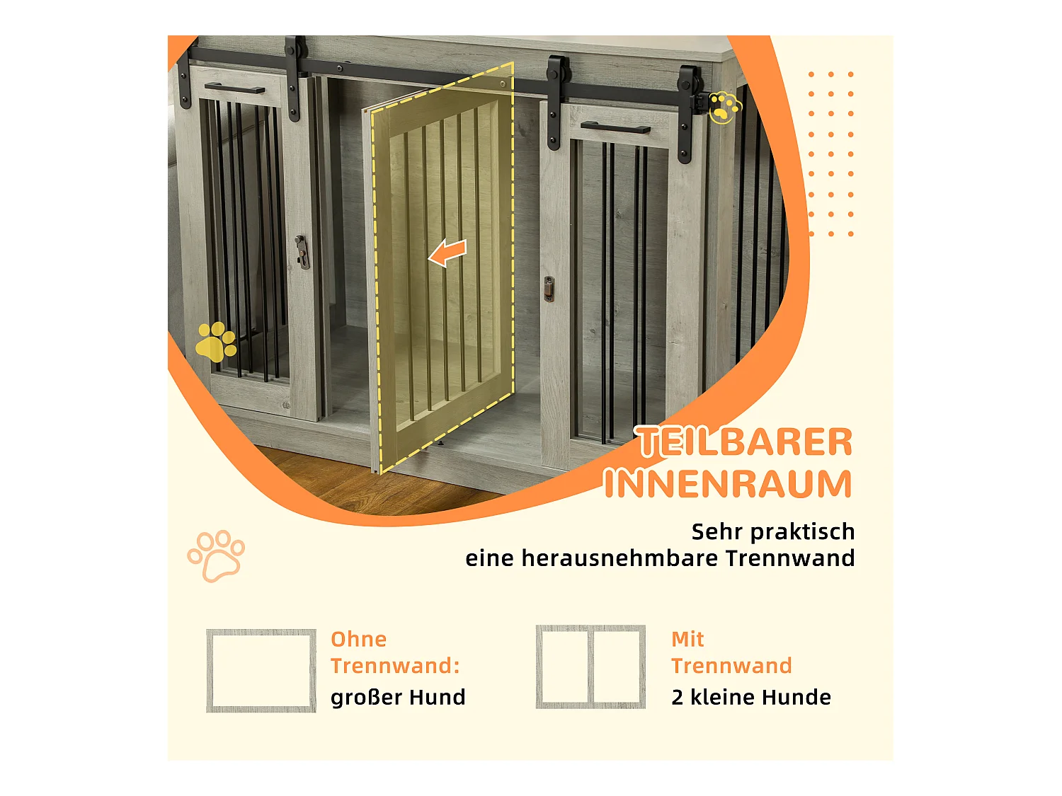 Cage pour chien à double compartiment, design rustique, bois, gris, avec portes en métal (120x60x88.5cm)