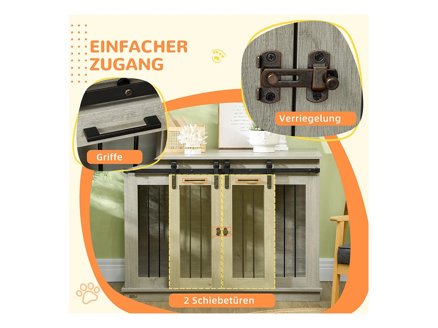 Cage pour chien à double compartiment, design rustique, bois, gris, avec portes en métal (120x60x88.5cm)