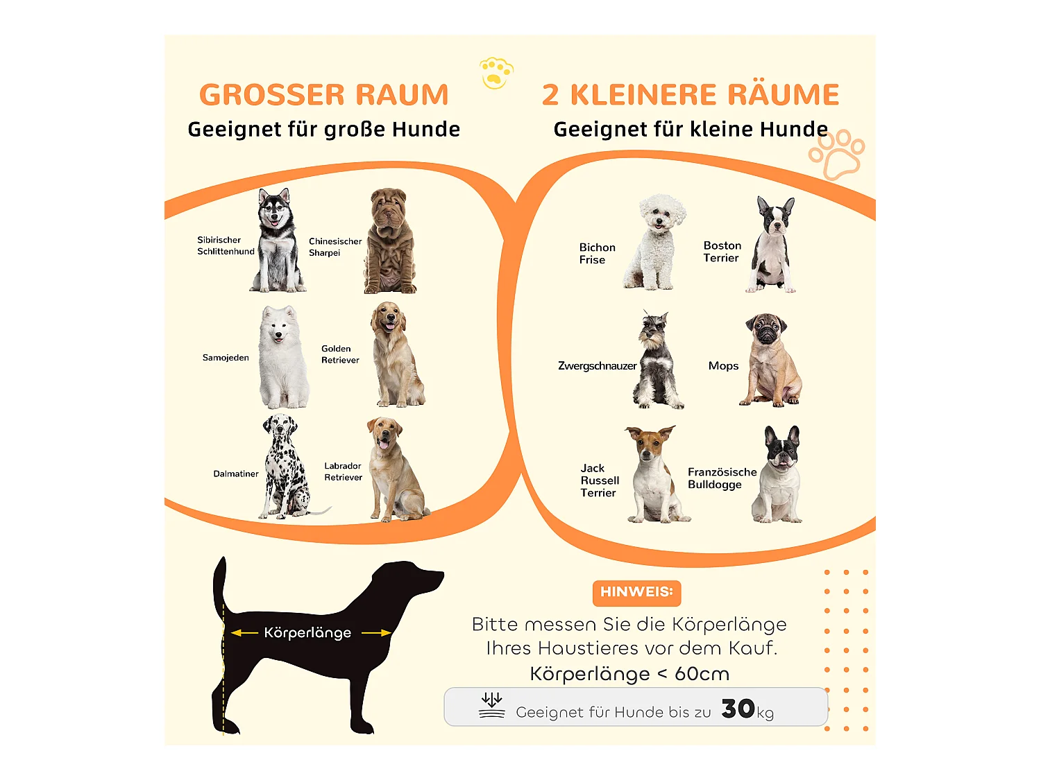 Cage pour chien à double compartiment, design rustique, bois, gris, avec portes en métal (120x60x88.5cm)