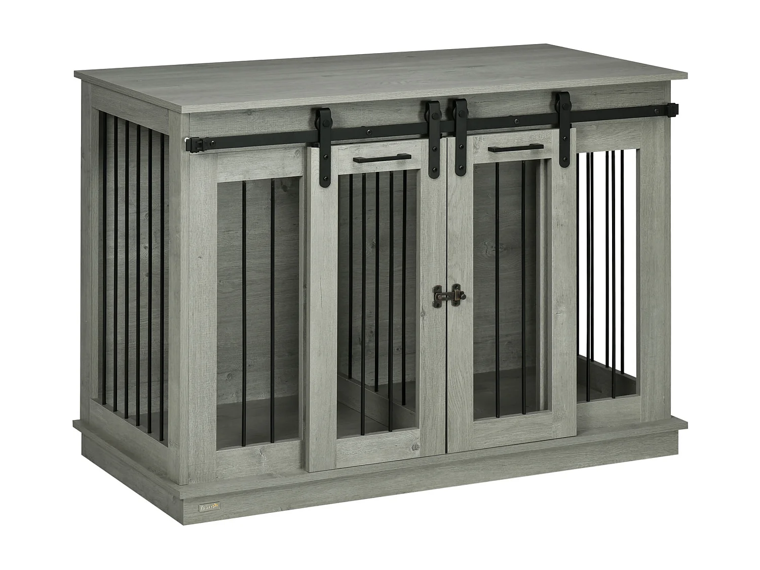Hondenbench met twee compartimenten, rustiek design, hout, grijs, met metalen deuren (120x60x88,5cm)