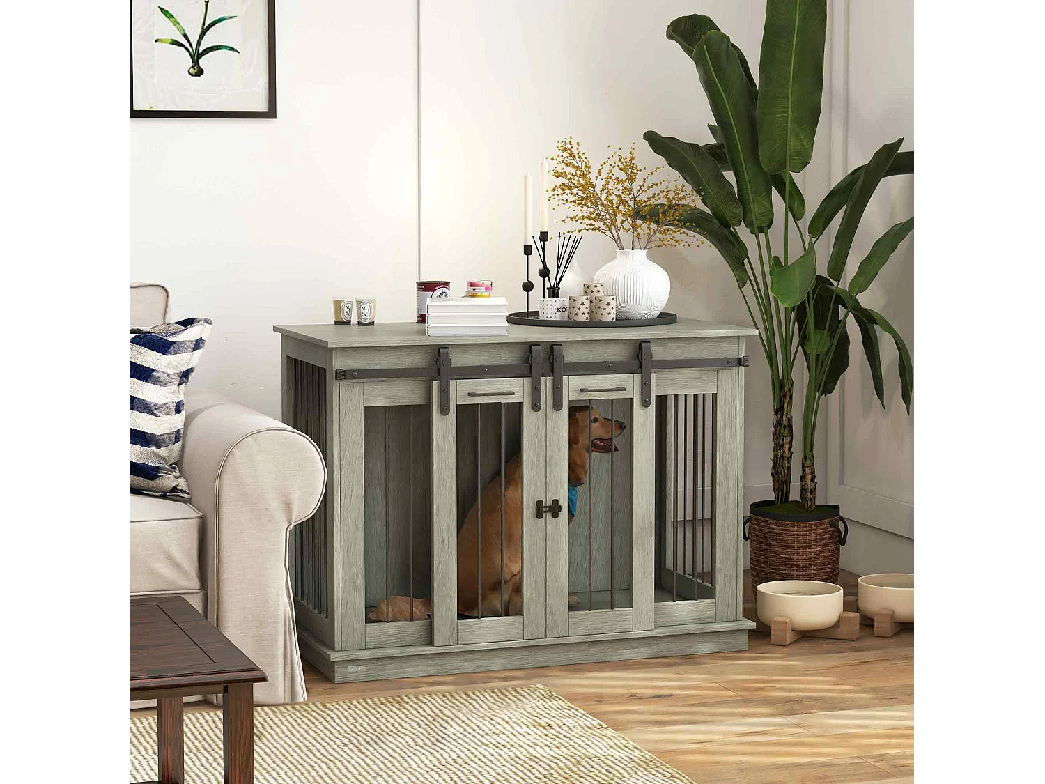 Hondenbench met twee compartimenten, rustiek design, hout, grijs, met metalen deuren (120x60x88,5cm)