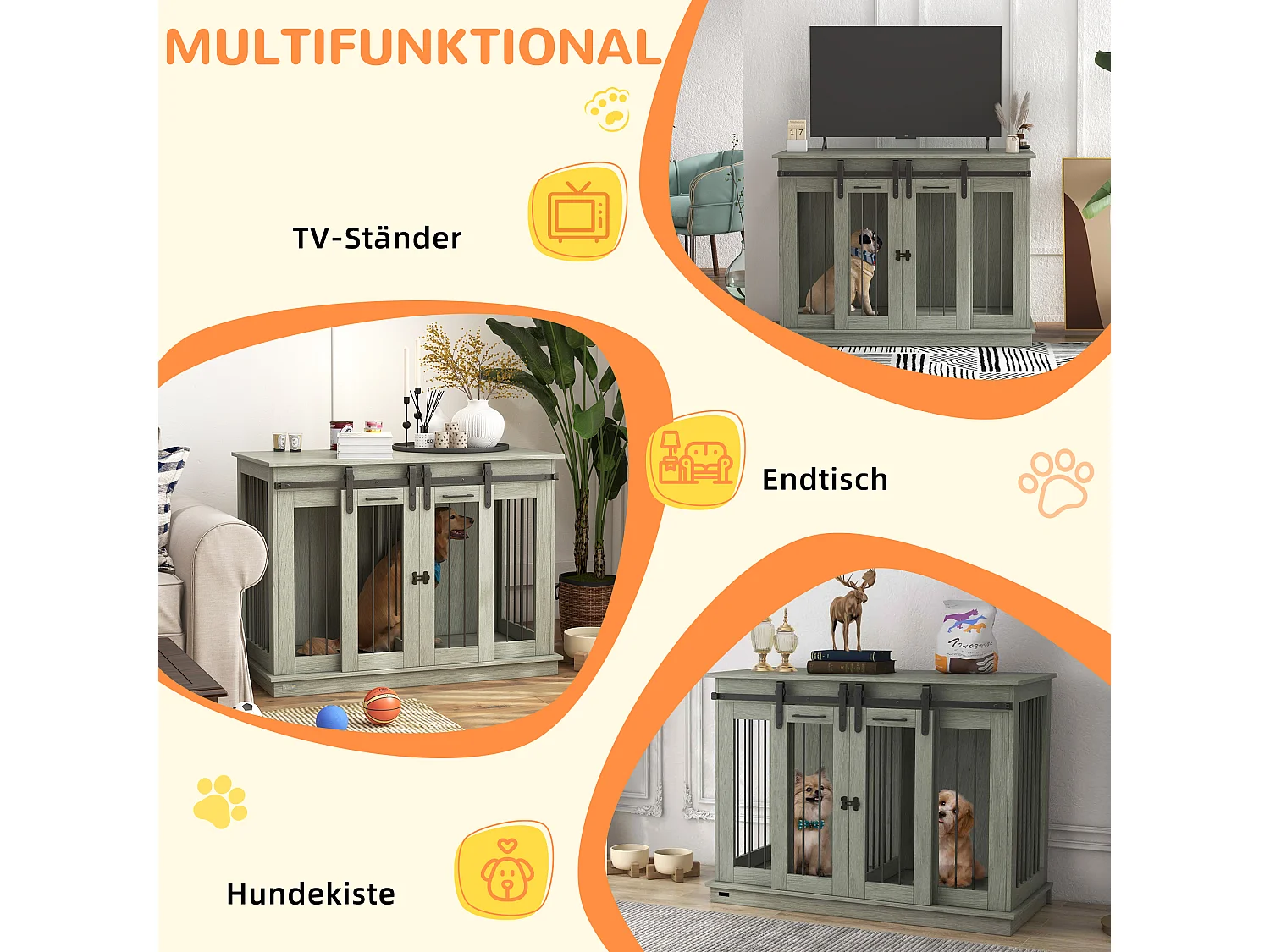Hondenbench met twee compartimenten, rustiek design, hout, grijs, met metalen deuren (120x60x88,5cm)