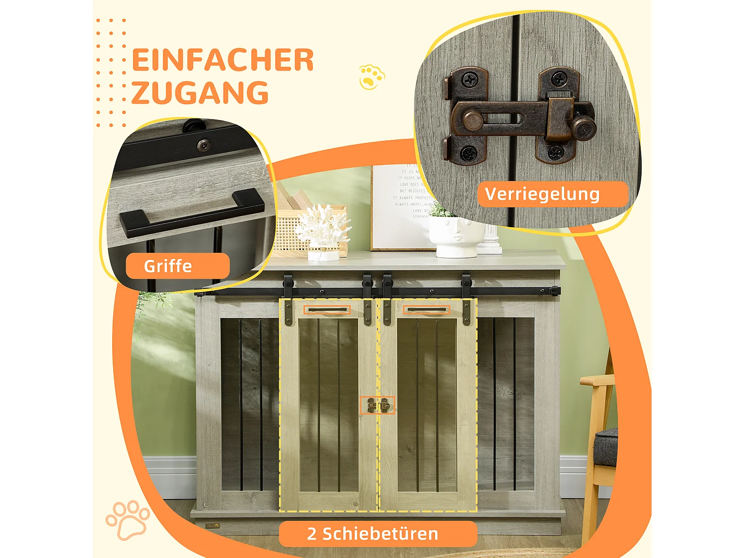 Hondenbench met twee compartimenten, rustiek design, hout, grijs, met metalen deuren (120x60x88,5cm)