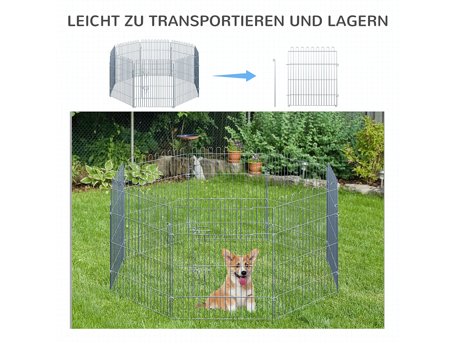 Enclos pour chiots 8 panneaux, sécurisé et extensible, acier, argenté (63x1x76cm)