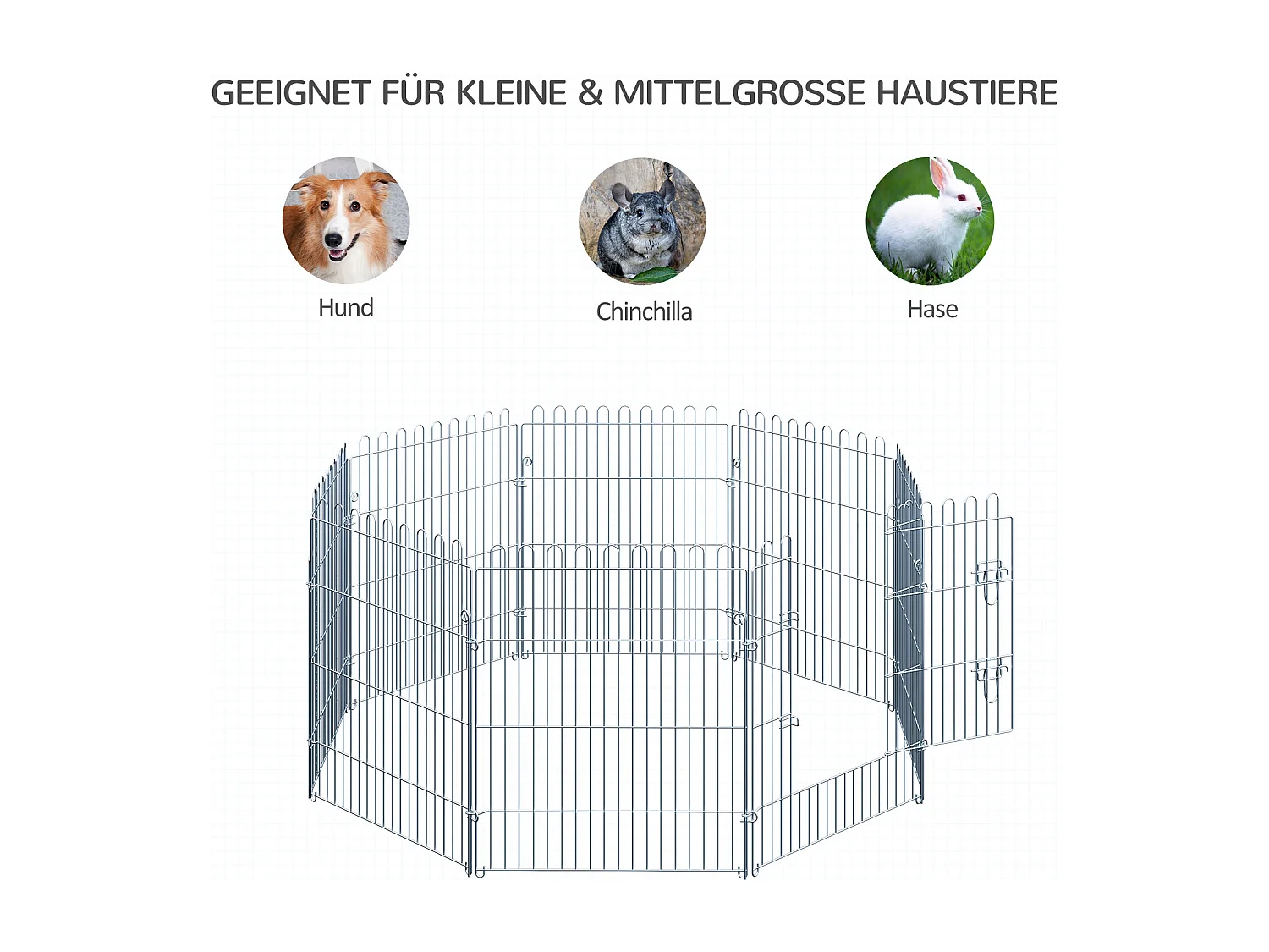 Enclos pour chiots 8 panneaux, sécurisé et extensible, acier, argenté (63x1x76cm)