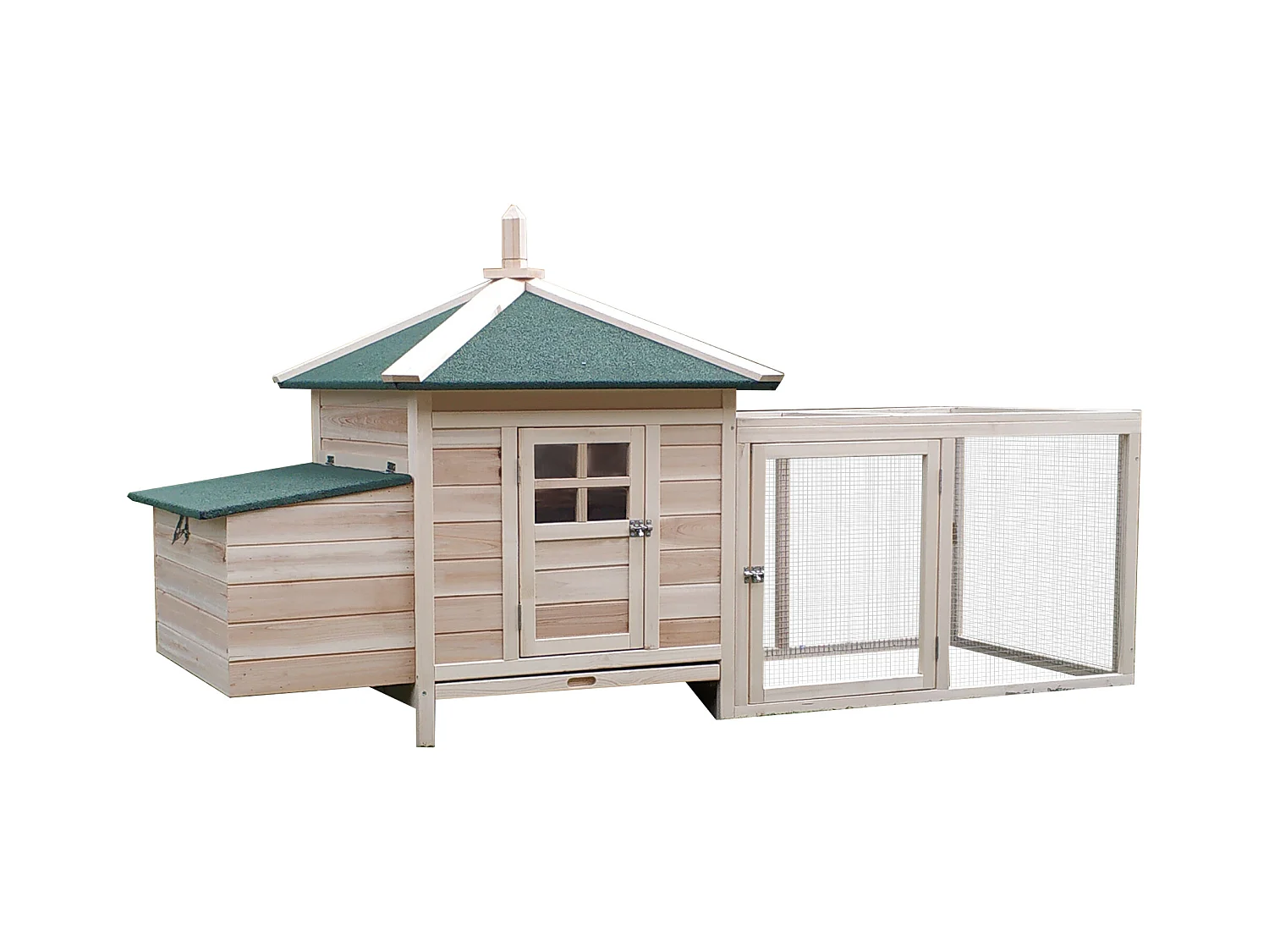 Dwergkippenhok met ren en zitstokken, wintervast, van grenenhout, natuurlijke kleur (196x76x97 cm)