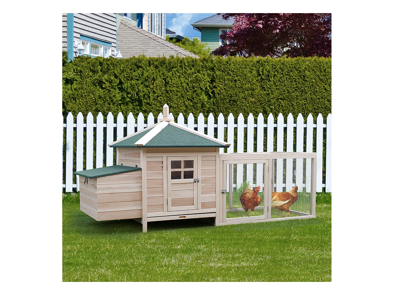 Dwergkippenhok met ren en zitstokken, wintervast, van grenenhout, natuurlijke kleur (196x76x97 cm)
