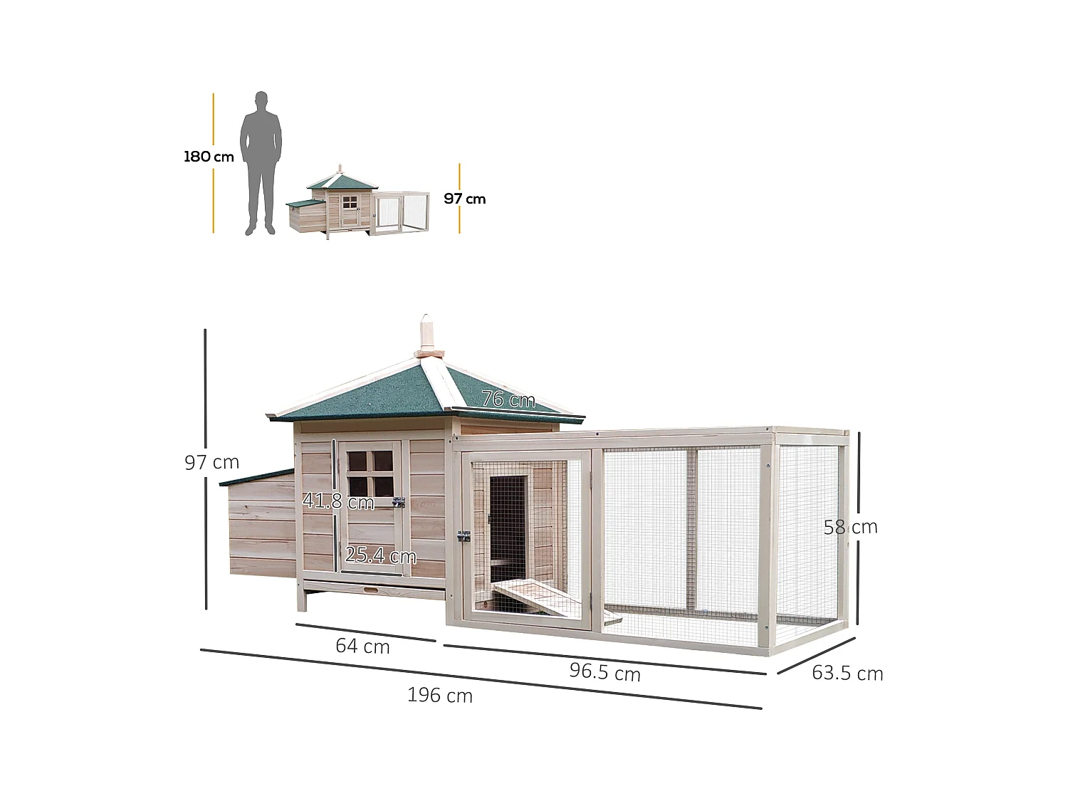 Dwergkippenhok met ren en zitstokken, wintervast, van grenenhout, natuurlijke kleur (196x76x97 cm)