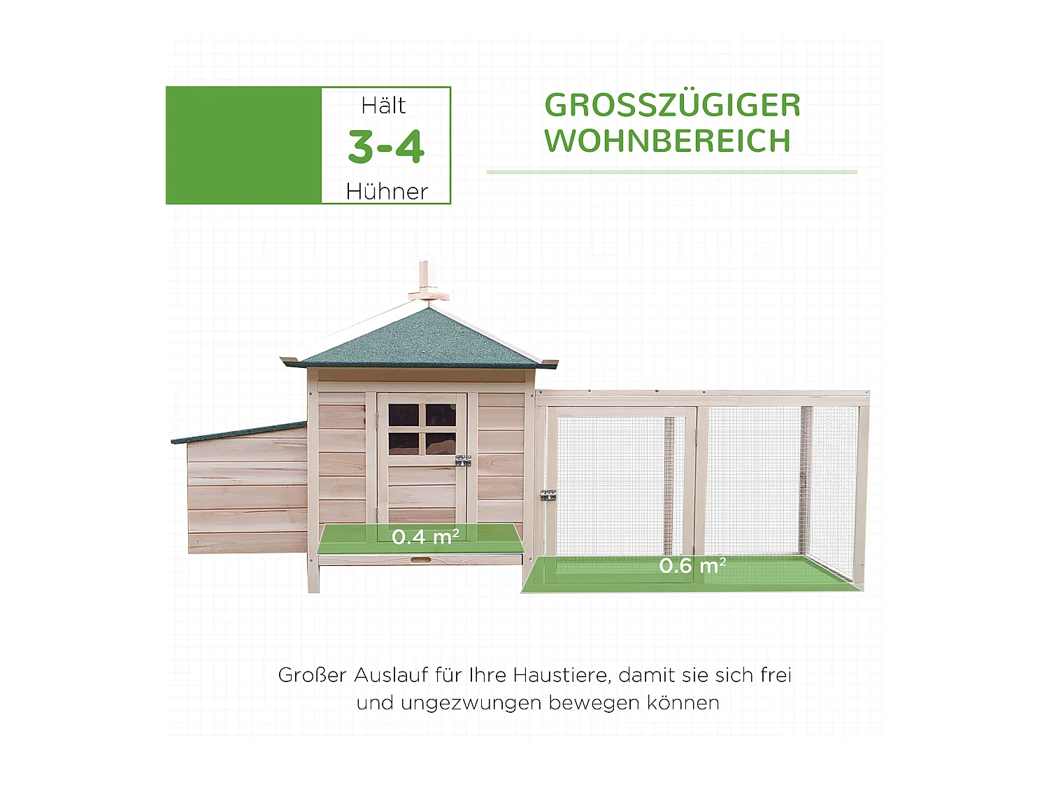 Dwergkippenhok met ren en zitstokken, wintervast, van grenenhout, natuurlijke kleur (196x76x97 cm)