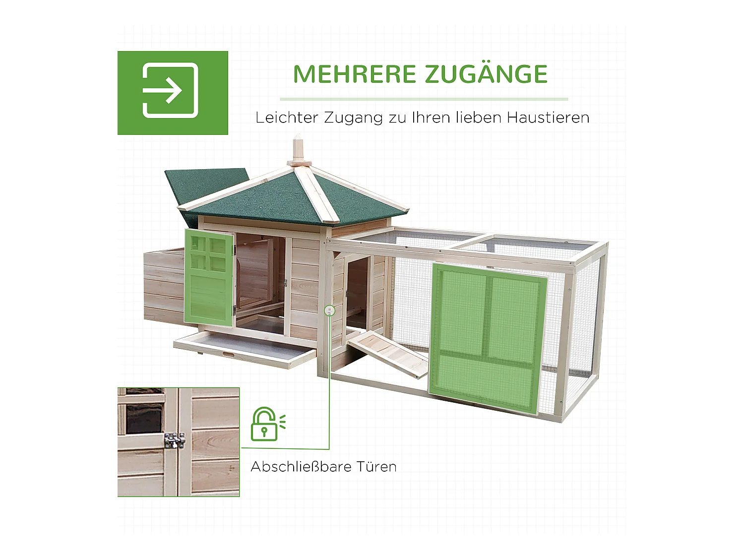 Dwergkippenhok met ren en zitstokken, wintervast, van grenenhout, natuurlijke kleur (196x76x97 cm)