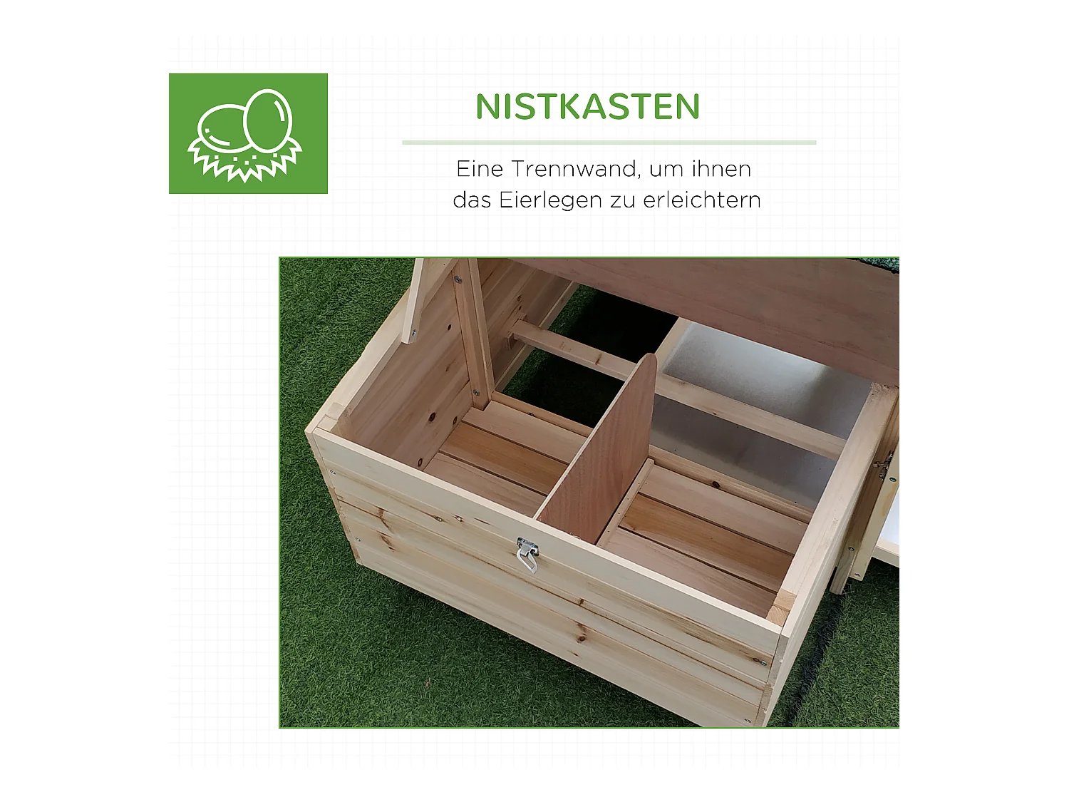 Dwergkippenhok met ren en zitstokken, wintervast, van grenenhout, natuurlijke kleur (196x76x97 cm)