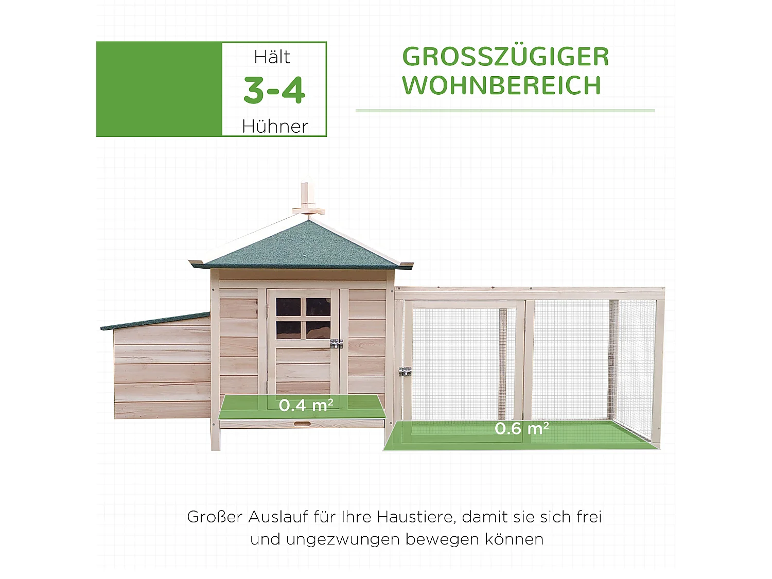 Poulailler nain avec enclos et perchoirs, résistant à l'hiver, en bois de pin, couleur naturelle (196x76x97 cm)