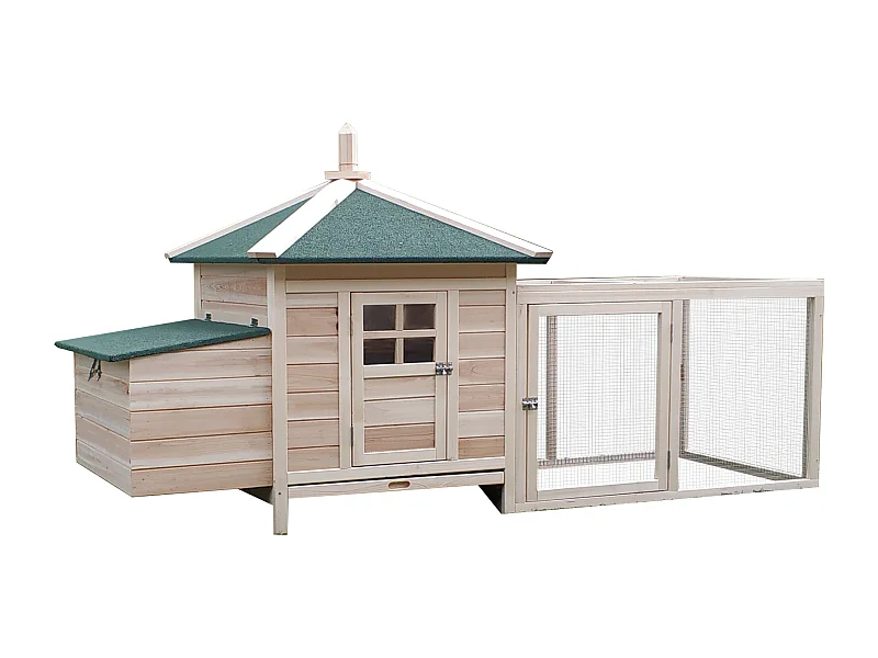 Pollaio nano con recinto e trespoli, resistente all'inverno, in legno di pino, colore naturale (196x76x97 cm)