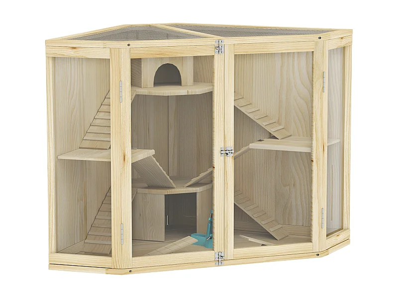 Cage à hamster en bois à 4 niveaux, avec station d'alimentation, balançoire, rampe et cabanes, pour hamsters nains et syriens (115x69.5x79cm)