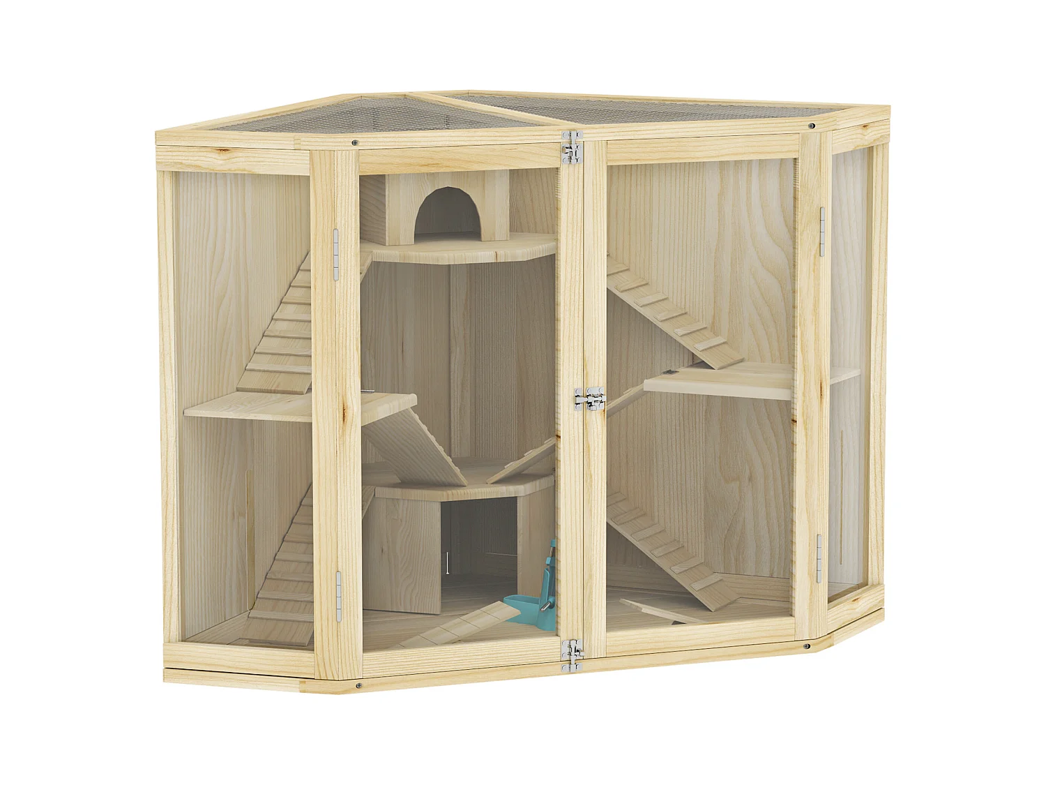 Cage à hamster en bois à 4 niveaux, avec station d'alimentation, balançoire, rampe et cabanes, pour hamsters nains et syriens (115x69.5x79cm)