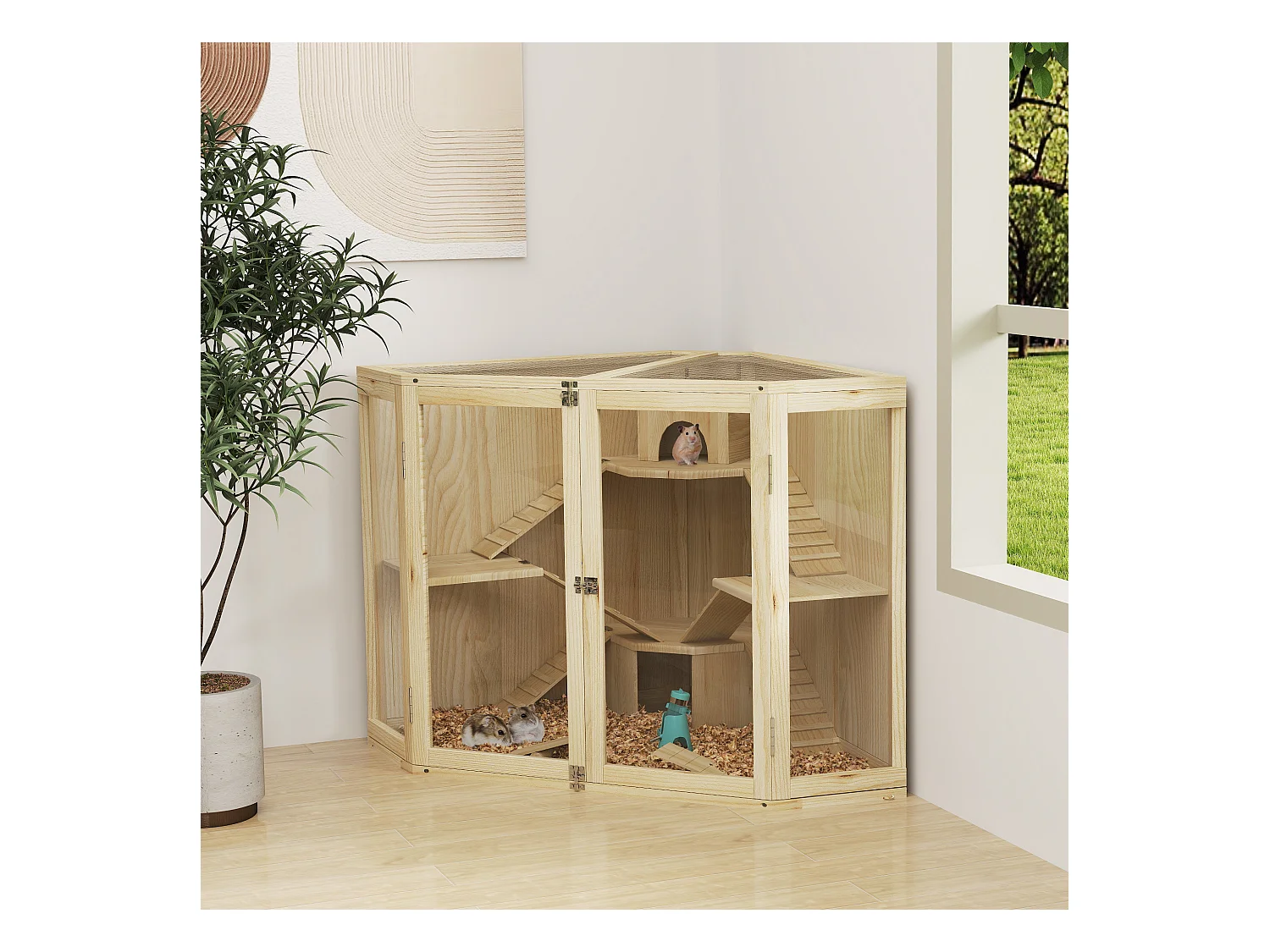 Cage à hamster en bois à 4 niveaux, avec station d'alimentation, balançoire, rampe et cabanes, pour hamsters nains et syriens (115x69.5x79cm)
